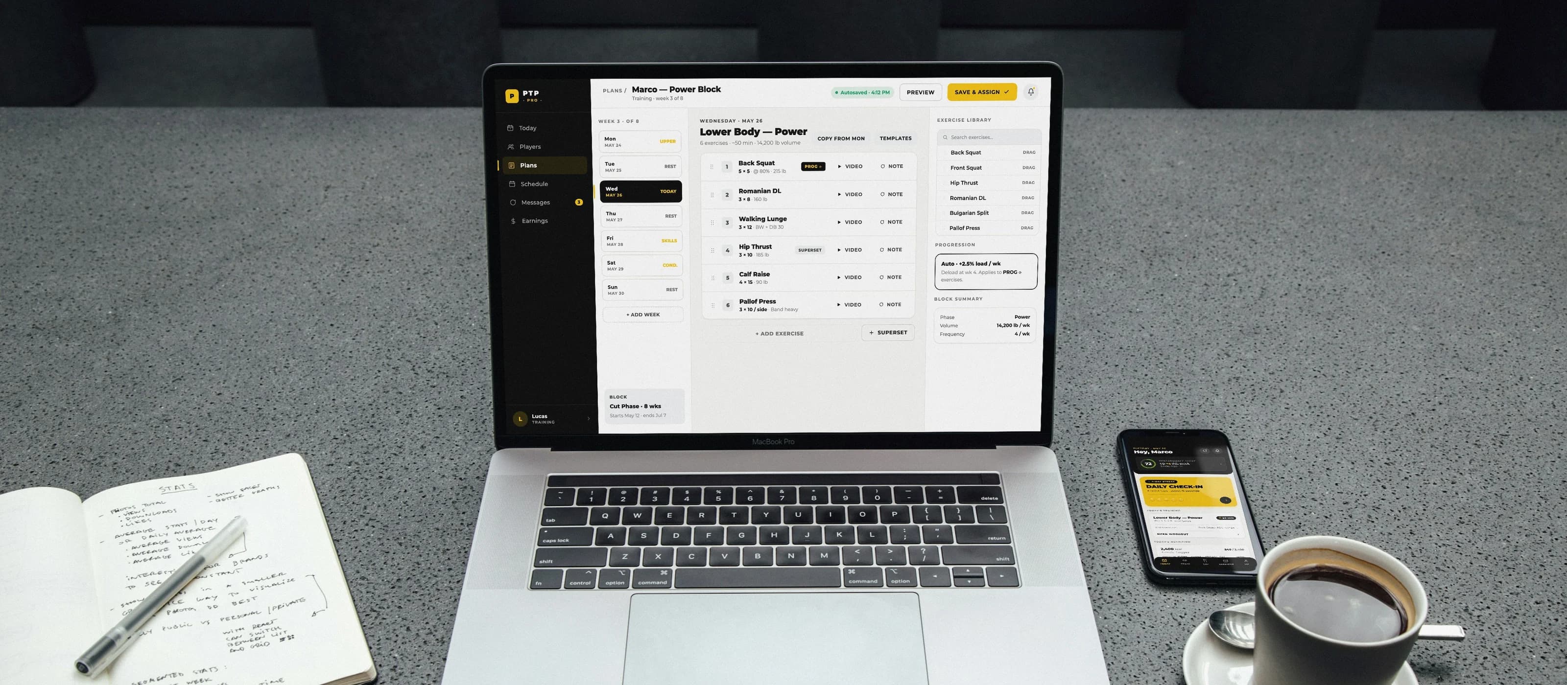 PTP training plan builder on a laptop, with the player app on a phone