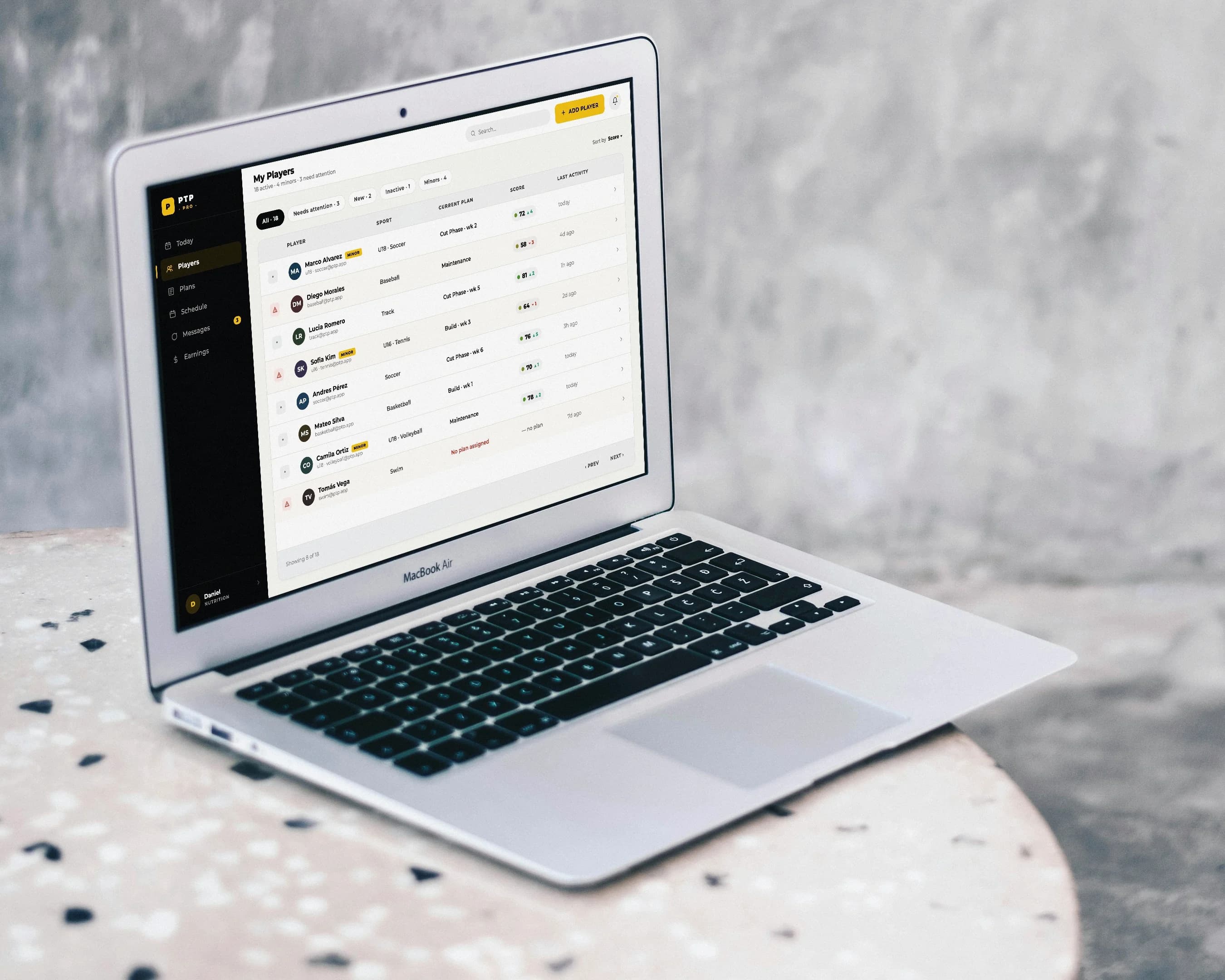 PTP player list for a professional, on a laptop