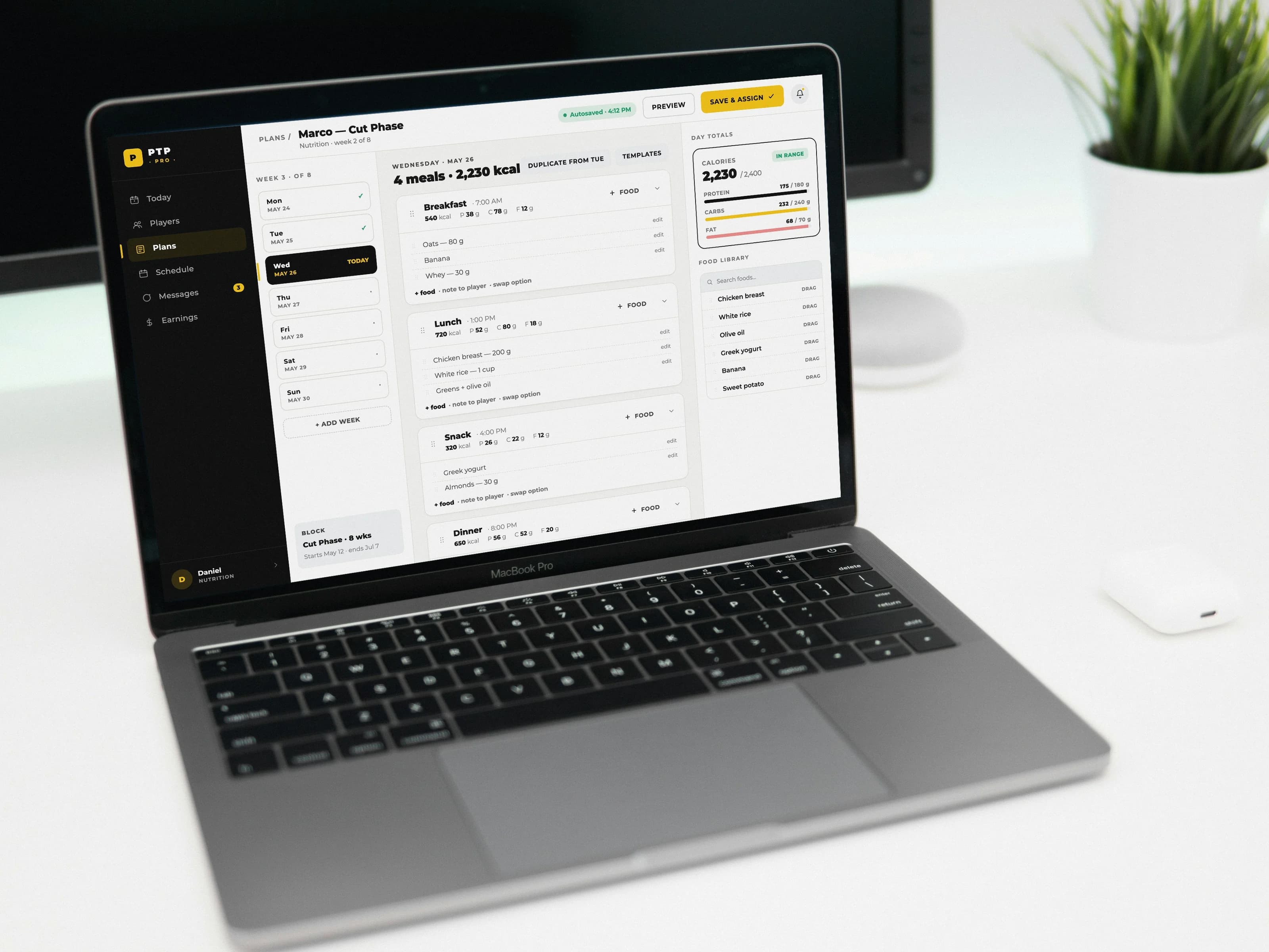 PTP meal plan builder on a laptop